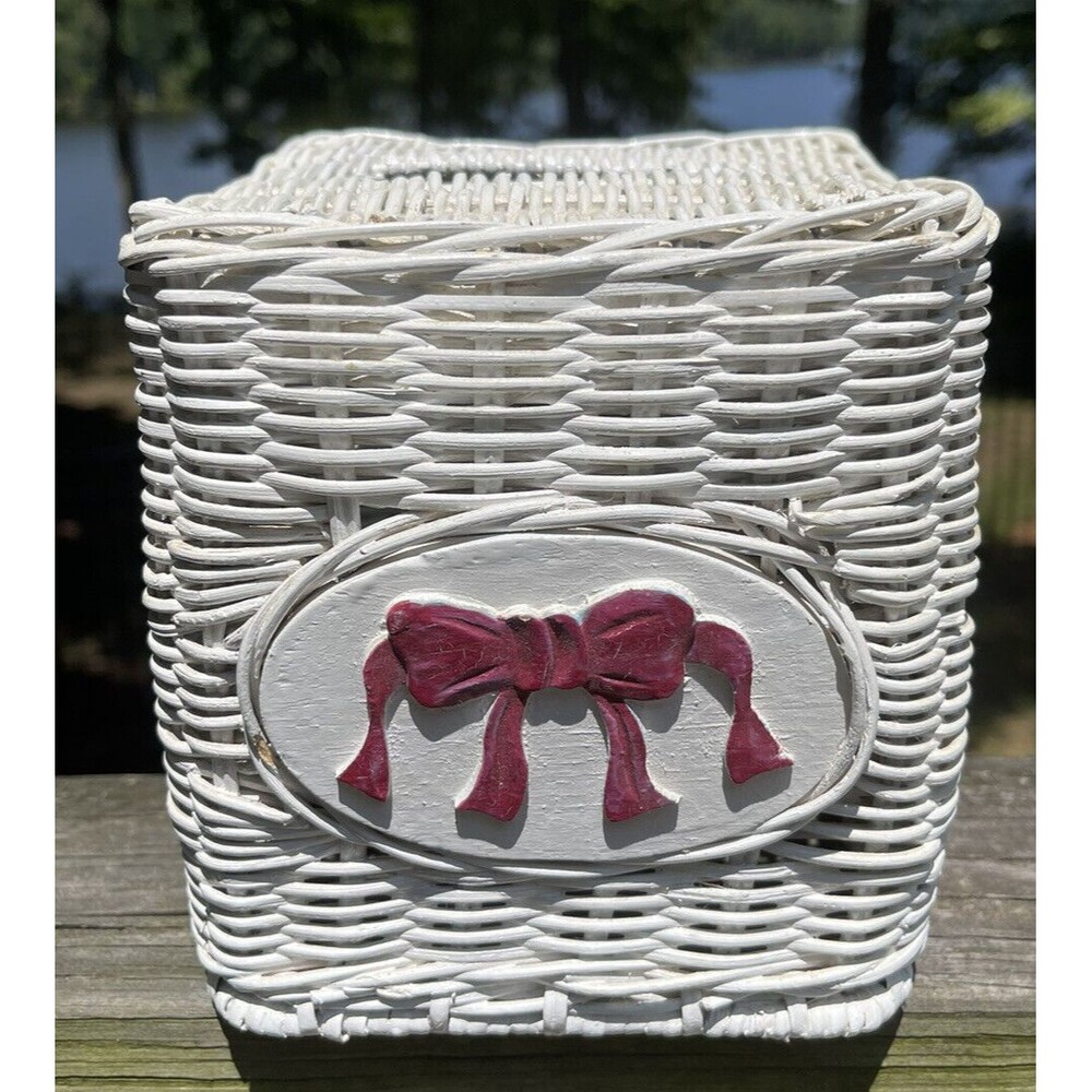 Wicker Tissue Box Holder White w Wood Painted Bow Square Cottagecore